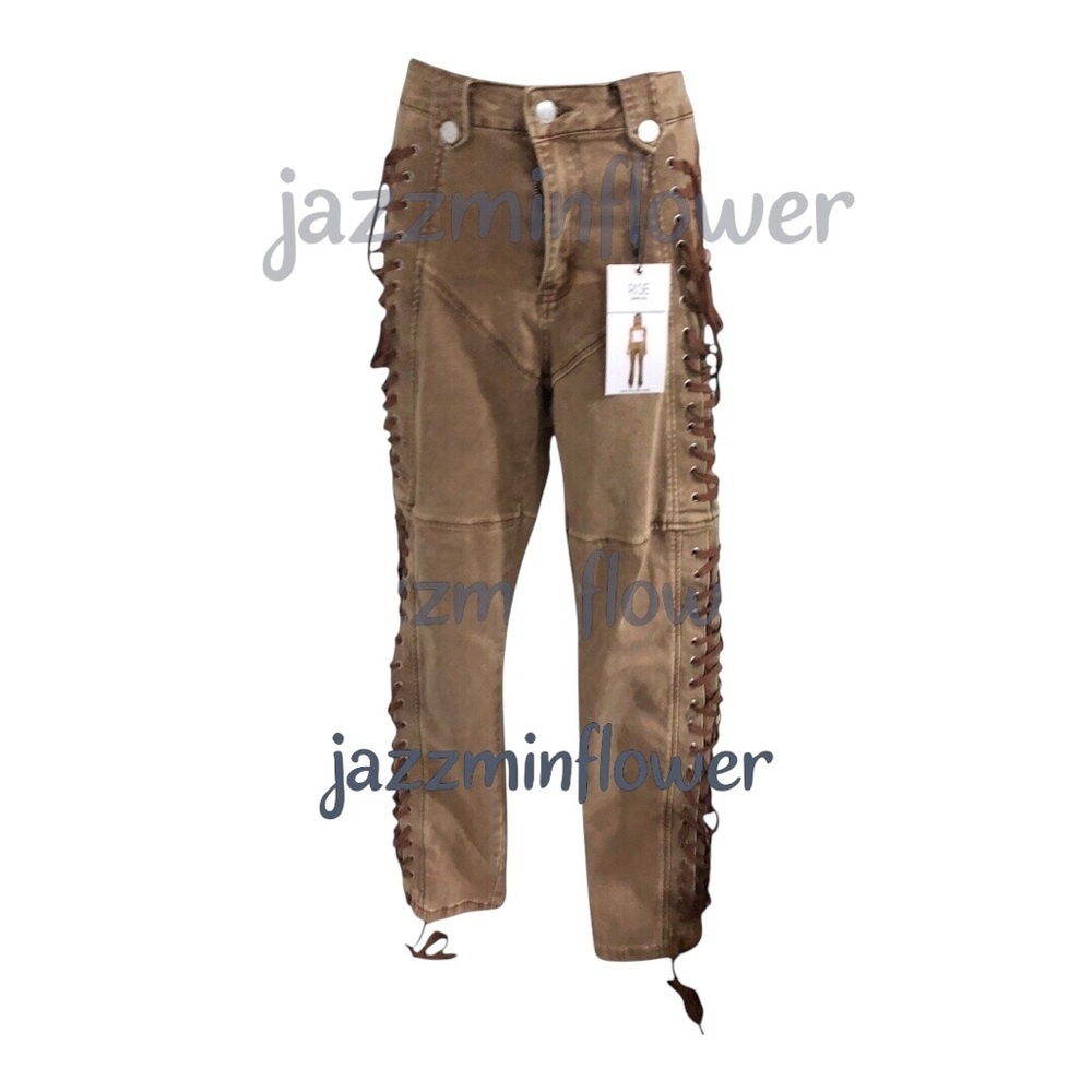 Brown whipstitch style side laceup western cowboy khaki style pants size 3‎ new